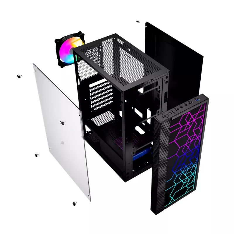 PC Case GEMBIRD Fornax 2500 Midi Tower Juoda — ATX/ITX support, tempered glass, RGB, 3x120mm front, 2x2.5 inch bays