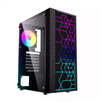 PC Case GEMBIRD Fornax 2500 Midi Tower Juoda — ATX/ITX support, tempered glass, RGB, 3x120mm front, 2x2.5 inch bays