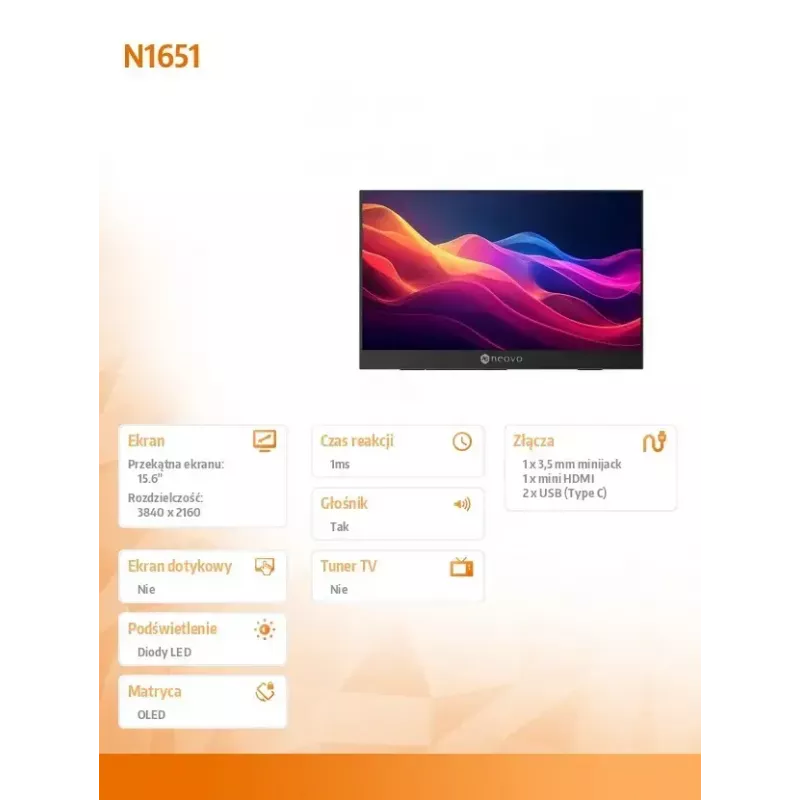 Monitor Neovo N1651 15 colių OLED 4K USB-C mHDMI 400n