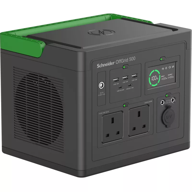 APC SE OffGrid nešiojamoji maitinimo stotelė 500 - ličio jonų baterija, LCD, 2x UK lizdai, 3x USB-A, 2x USB-C, 3x 12V, belaidis įkroviklis