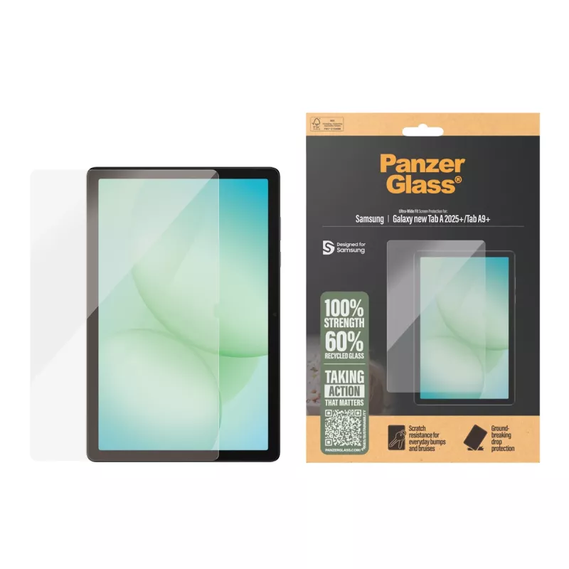Grūdinto stiklo ekrano apsauga „PanzerGlass“, skirta „Samsung Galaxy Tab A11+“ / „Tab A9+“ — itin platus pritaikymas, PET, skaidri