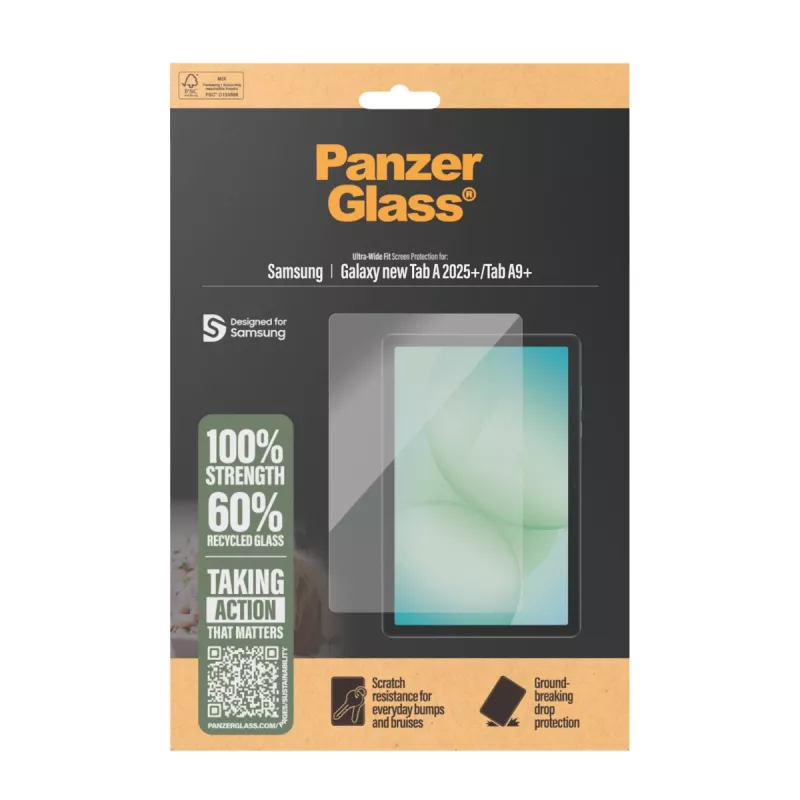 Grūdinto stiklo ekrano apsauga „PanzerGlass“, skirta „Samsung Galaxy Tab A11+“ / „Tab A9+“ — itin platus pritaikymas, PET, skaidri