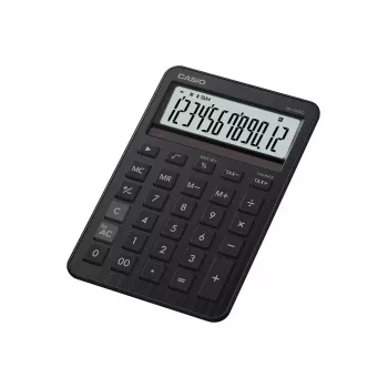 Stalinis skaičiuotuvas CASIO MS-200DQ — Pagrindinis, 12 skaitmenų, baterija/saulės energija, mokesčių ir pelno funkcijos, juodas