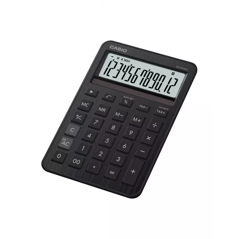 Stalinis skaičiuotuvas CASIO MS-200DQ — Pagrindinis, 12 skaitmenų, baterija/saulės energija, mokesčių ir pelno funkcijos, juodas