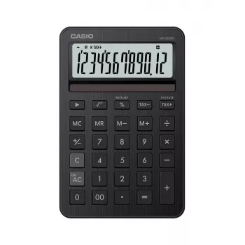 Stalinis skaičiuotuvas CASIO MS-200DQ — Pagrindinis, 12 skaitmenų, baterija/saulės energija, mokesčių ir pelno funkcijos, juodas