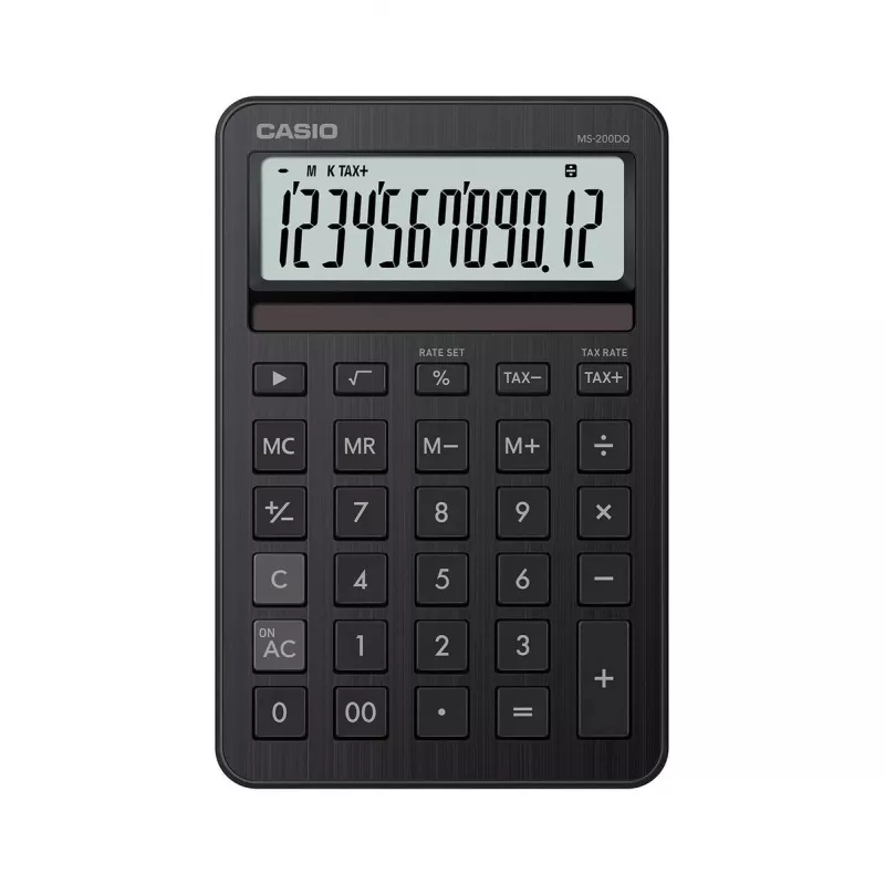 Stalinis skaičiuotuvas CASIO MS-200DQ — Pagrindinis, 12 skaitmenų, baterija/saulės energija, mokesčių ir pelno funkcijos, juodas