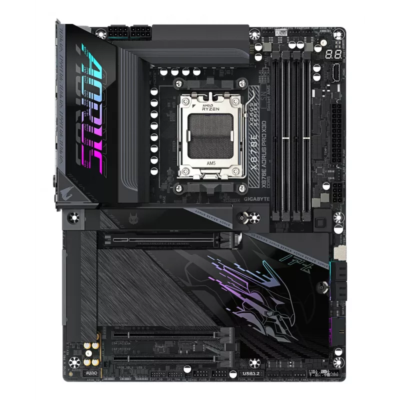 GIGABYTE X870E AORUS PRO X3D ATX pagrindinė plokštė — AMD Socket AM5, 18+2+2 VRM, DDR5 iki 9000 Hz (OC), 2×PCIe5 + 2×PCIe4, Wi‑Fi 7, 5GbE, USB4