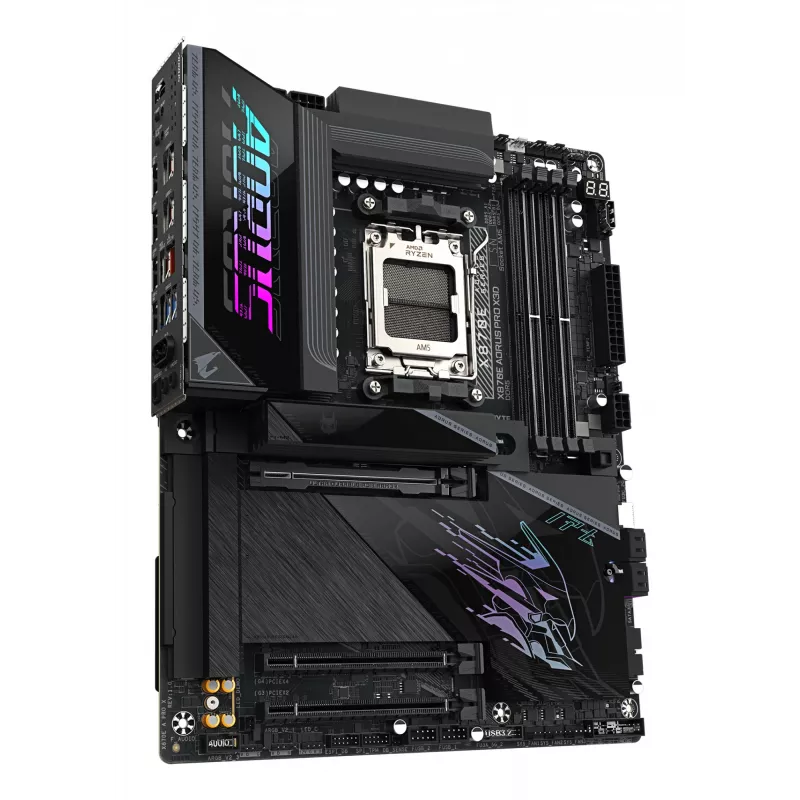 GIGABYTE X870E AORUS PRO X3D ATX pagrindinė plokštė — AMD Socket AM5, 18+2+2 VRM, DDR5 iki 9000 Hz (OC), 2×PCIe5 + 2×PCIe4, Wi‑Fi 7, 5GbE, USB4