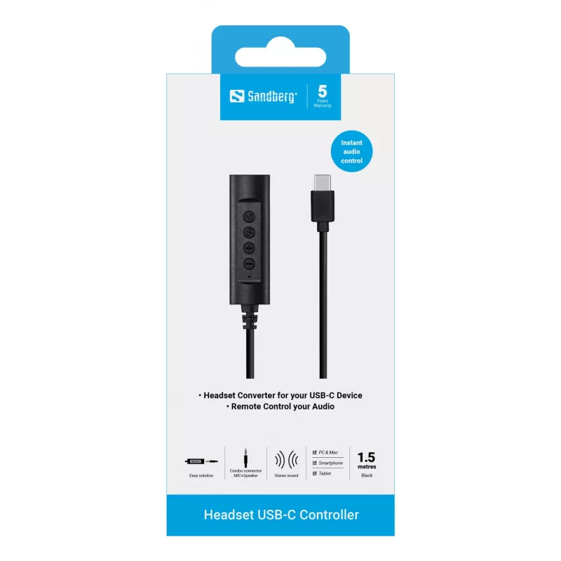 Sandberg Headset USB-C Controller, 1,5 m, Valdiklis, 25 g, Juoda