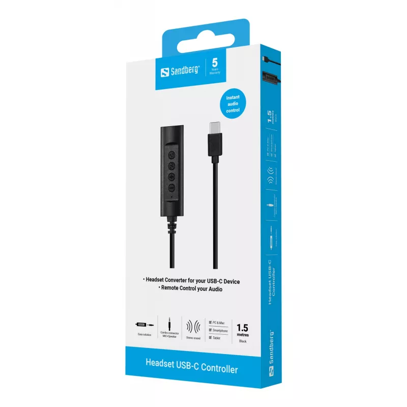Sandberg Headset USB-C Controller, 1,5 m, Valdiklis, 25 g, Juoda