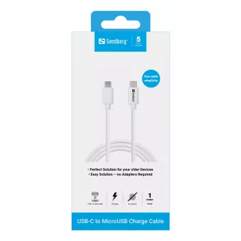 Sandberg USB-C>MicroUSB įkrovimo laidas 1 m, 1 m, USB C, Micro-USB B, baltas
