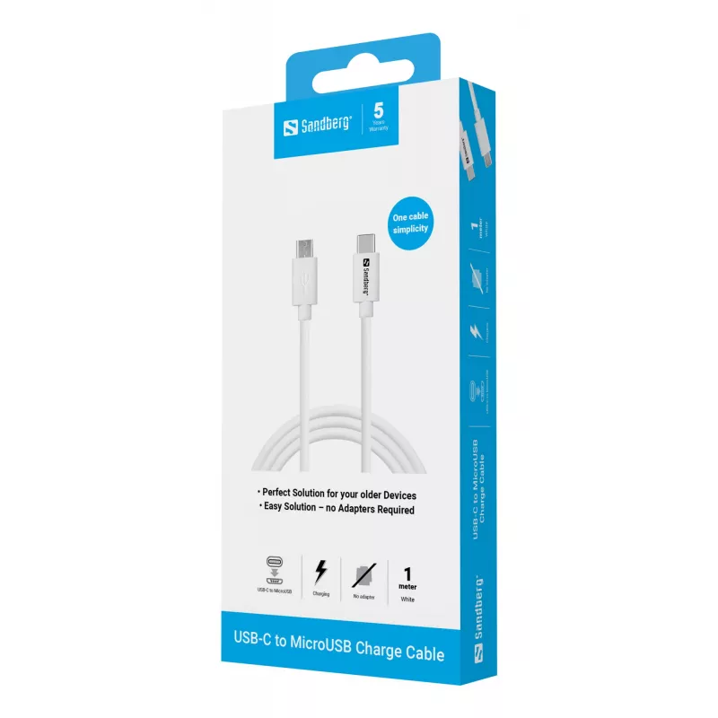 Sandberg USB-C>MicroUSB įkrovimo laidas 1 m, 1 m, USB C, Micro-USB B, baltas