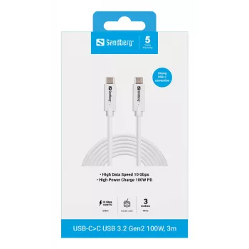 Sandberg USB-C į USB-C USB 3.2 Gen 2 100 W, 3 m, 3 m, USB C, USB C, USB 3.2 Gen 2 (3.1 Gen 2), 10 Gbit/s, Balta