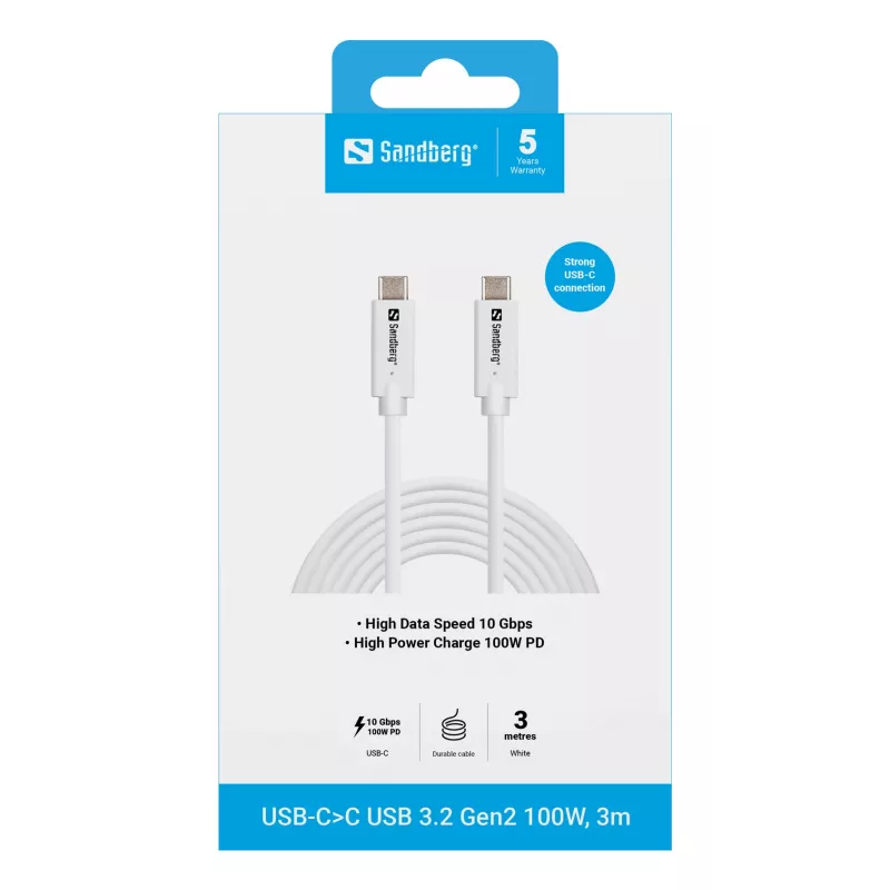 Sandberg USB-C į USB-C USB 3.2 Gen 2 100 W, 3 m, 3 m, USB C, USB C, USB 3.2 Gen 2 (3.1 Gen 2), 10 Gbit/s, Balta