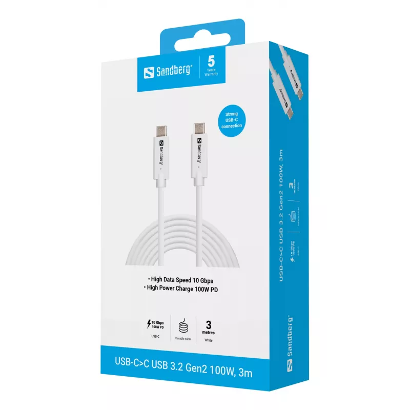 Sandberg USB-C į USB-C USB 3.2 Gen 2 100 W, 3 m, 3 m, USB C, USB C, USB 3.2 Gen 2 (3.1 Gen 2), 10 Gbit/s, Balta
