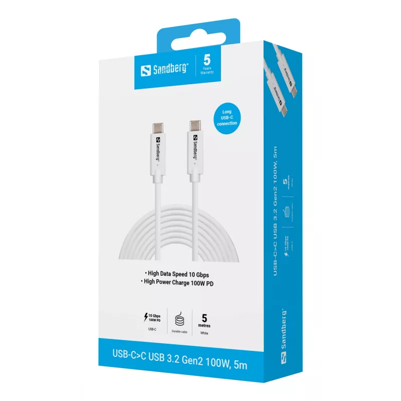 Sandberg USB-C>C USB 3.2 Gen2 100W, 5m, 5 m, USB C, USB C, USB 3.2 Gen 2 (3.1 Gen 2), 10 Gbit/s, balta
