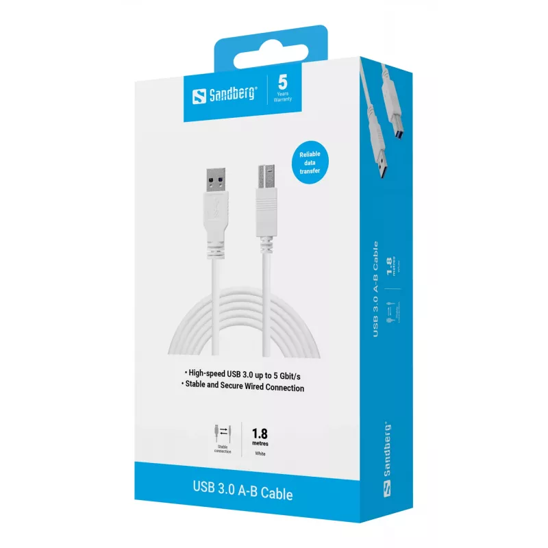 Sandberg USB 3.0 A-B laidas 1,8 m, 1,8 m, USB A, USB B, USB 3.2 Gen 1 (3.1 Gen 1), 5 Gbit/s, Balta