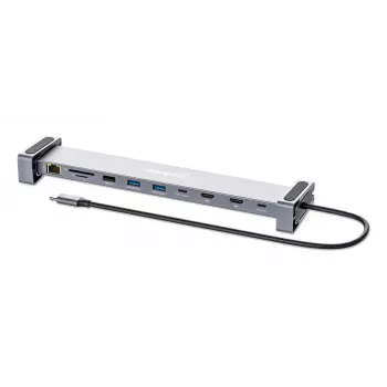 Manhattan USB-C dokas / stotelė su kortelių skaitytuvu ir MST, prievadai (x7): Ethernet, HDMI (x2 4k@60Hz), USB-A (x3) ir USB-C, su energijos tiekimu (PD) 100W - reikalingas išorinis USB-C įkroviklis (nepridedamas). Maitinamas per USB (nereikalingas išorinis maitinimo šaltinis), kai PD nenaudojamas