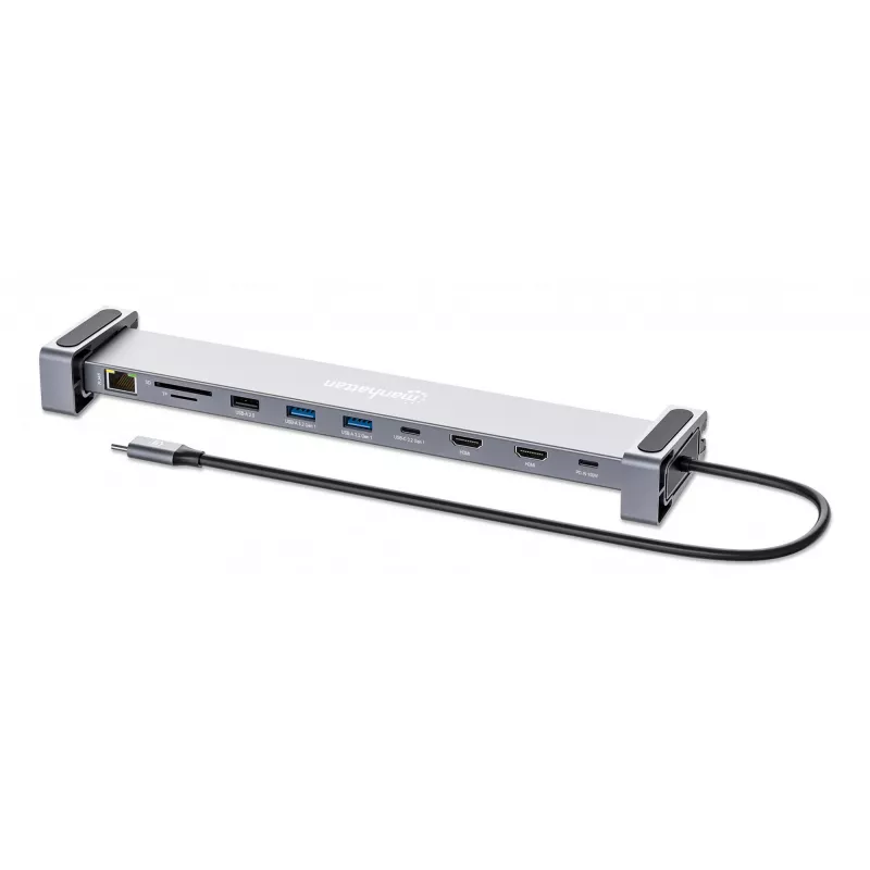 Manhattan USB-C dokas / stotelė su kortelių skaitytuvu ir MST, prievadai (x7): Ethernet, HDMI (x2 4k@60Hz), USB-A (x3) ir USB-C, su energijos tiekimu (PD) 100W - reikalingas išorinis USB-C įkroviklis (nepridedamas). Maitinamas per USB (nereikalingas išorinis maitinimo šaltinis), kai PD nenaudojamas