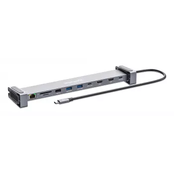 Manhattan USB-C dokas / stotelė su kortelių skaitytuvu ir MST, prievadai (x7): Ethernet, HDMI (x2 4k@60Hz), USB-A (x3) ir USB-C, su energijos tiekimu (PD) 100W - reikalingas išorinis USB-C įkroviklis (nepridedamas). Maitinamas per USB (nereikalingas išorinis maitinimo šaltinis), kai PD nenaudojamas