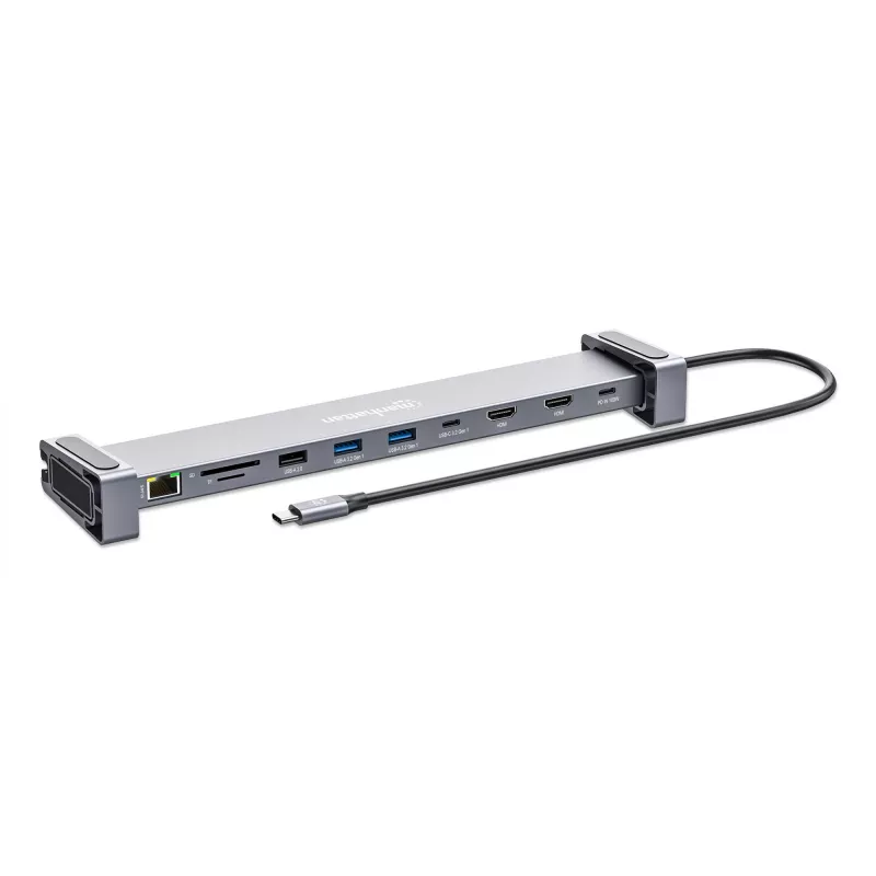 Manhattan USB-C dokas / stotelė su kortelių skaitytuvu ir MST, prievadai (x7): Ethernet, HDMI (x2 4k@60Hz), USB-A (x3) ir USB-C, su energijos tiekimu (PD) 100W - reikalingas išorinis USB-C įkroviklis (nepridedamas). Maitinamas per USB (nereikalingas išorinis maitinimo šaltinis), kai PD nenaudojamas