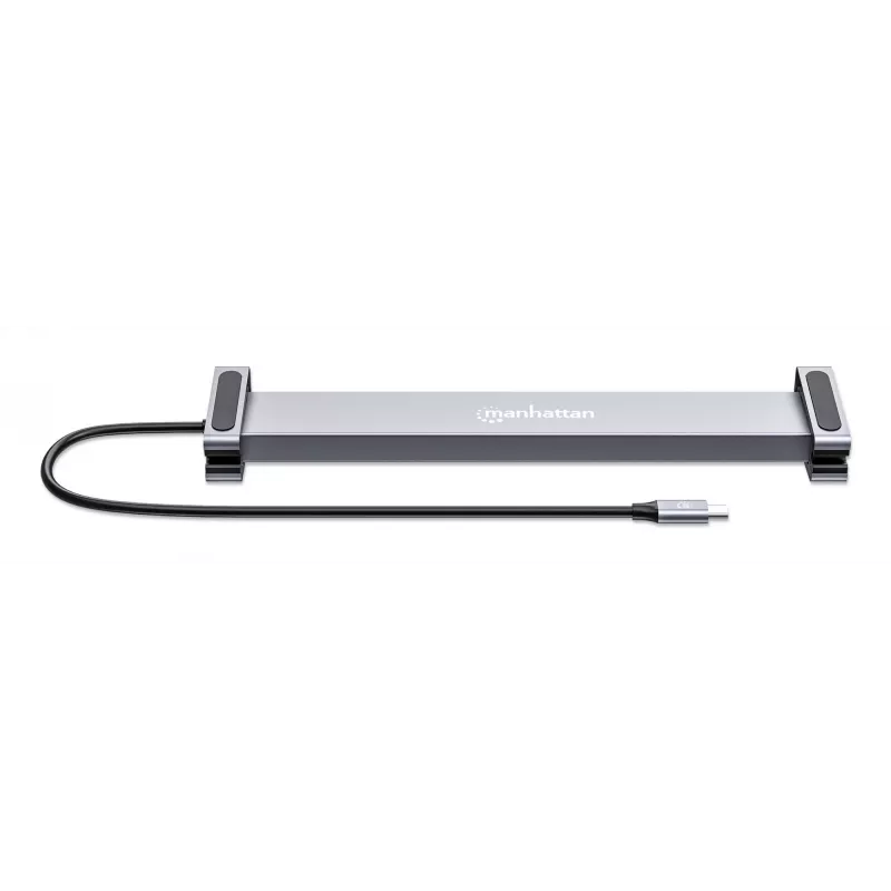 Manhattan USB-C dokas / stotelė su kortelių skaitytuvu ir MST, prievadai (x7): Ethernet, HDMI (x2 4k@60Hz), USB-A (x3) ir USB-C, su energijos tiekimu (PD) 100W - reikalingas išorinis USB-C įkroviklis (nepridedamas). Maitinamas per USB (nereikalingas išorinis maitinimo šaltinis), kai PD nenaudojamas