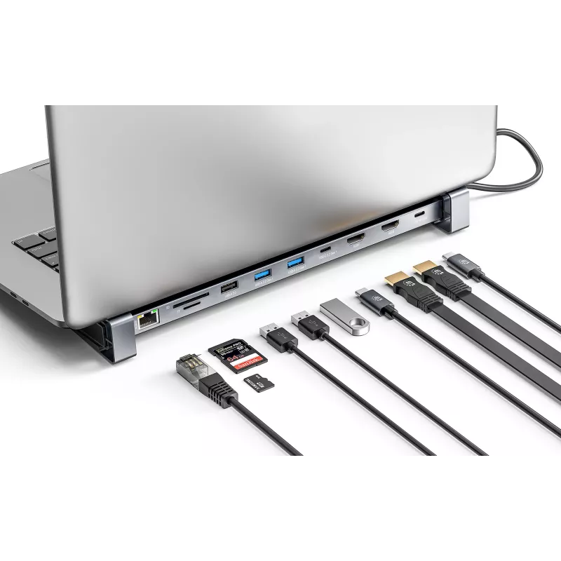 Manhattan USB-C dokas / stotelė su kortelių skaitytuvu ir MST, prievadai (x7): Ethernet, HDMI (x2 4k@60Hz), USB-A (x3) ir USB-C, su energijos tiekimu (PD) 100W - reikalingas išorinis USB-C įkroviklis (nepridedamas). Maitinamas per USB (nereikalingas išorinis maitinimo šaltinis), kai PD nenaudojamas