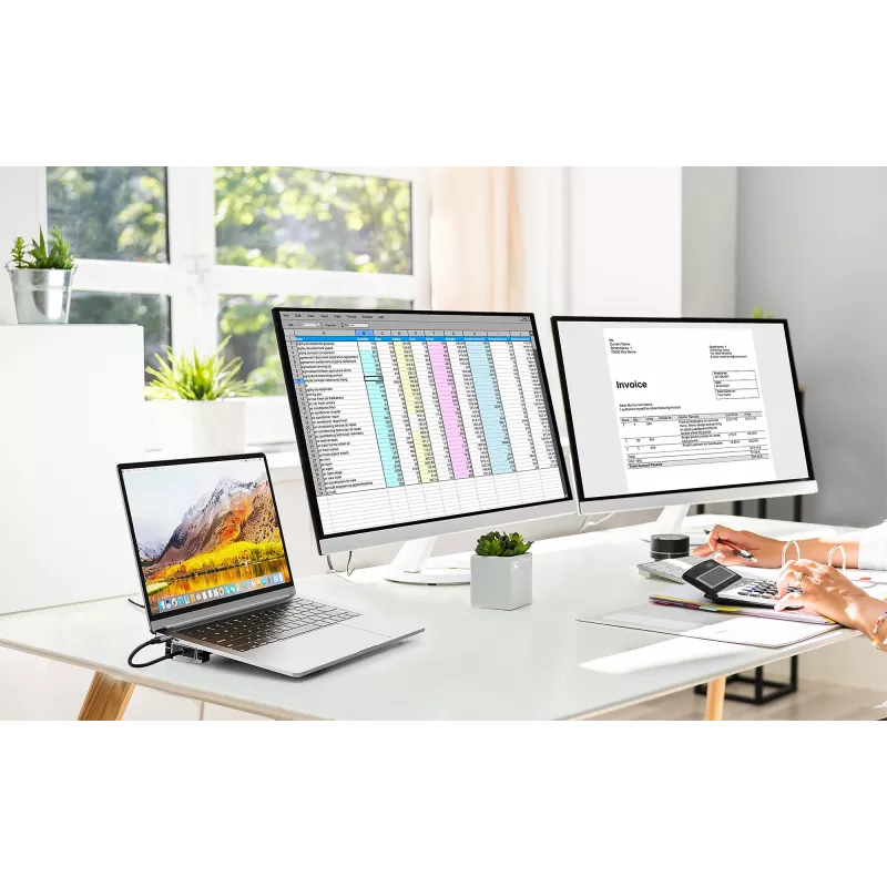 Manhattan USB-C dokas / stotelė su kortelių skaitytuvu ir MST, prievadai (x7): Ethernet, HDMI (x2 4k@60Hz), USB-A (x3) ir USB-C, su energijos tiekimu (PD) 100W - reikalingas išorinis USB-C įkroviklis (nepridedamas). Maitinamas per USB (nereikalingas išorinis maitinimo šaltinis), kai PD nenaudojamas