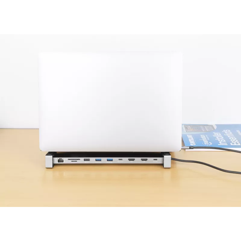 Manhattan USB-C dokas / stotelė su kortelių skaitytuvu ir MST, prievadai (x7): Ethernet, HDMI (x2 4k@60Hz), USB-A (x3) ir USB-C, su energijos tiekimu (PD) 100W - reikalingas išorinis USB-C įkroviklis (nepridedamas). Maitinamas per USB (nereikalingas išorinis maitinimo šaltinis), kai PD nenaudojamas