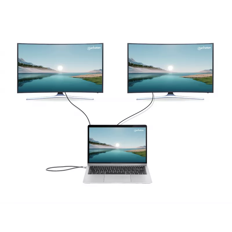 Manhattan USB-C dokas / stotelė su kortelių skaitytuvu ir MST, prievadai (x7): Ethernet, HDMI (x2 4k@60Hz), USB-A (x3) ir USB-C, su energijos tiekimu (PD) 100W - reikalingas išorinis USB-C įkroviklis (nepridedamas). Maitinamas per USB (nereikalingas išorinis maitinimo šaltinis), kai PD nenaudojamas