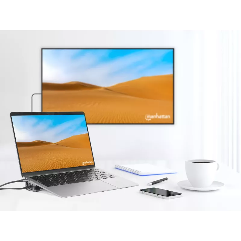 Manhattan USB-C dokas / stotelė su kortelių skaitytuvu ir MST, prievadai (x7): Ethernet, HDMI (x2 4k@60Hz), USB-A (x3) ir USB-C, su energijos tiekimu (PD) 100W - reikalingas išorinis USB-C įkroviklis (nepridedamas). Maitinamas per USB (nereikalingas išorinis maitinimo šaltinis), kai PD nenaudojamas