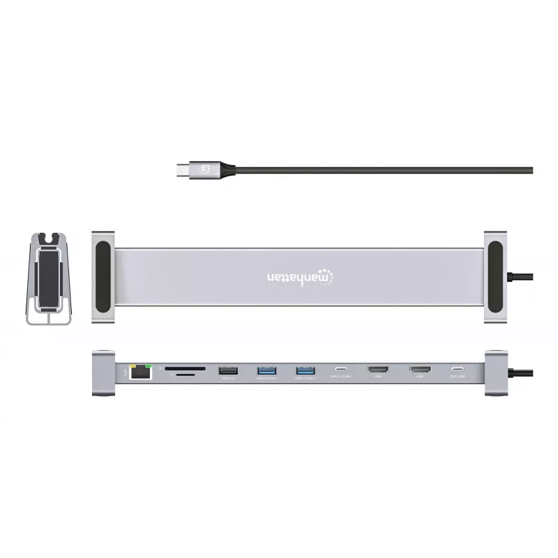 Manhattan USB-C dokas / stotelė su kortelių skaitytuvu ir MST, prievadai (x7): Ethernet, HDMI (x2 4k@60Hz), USB-A (x3) ir USB-C, su energijos tiekimu (PD) 100W - reikalingas išorinis USB-C įkroviklis (nepridedamas). Maitinamas per USB (nereikalingas išorinis maitinimo šaltinis), kai PD nenaudojamas