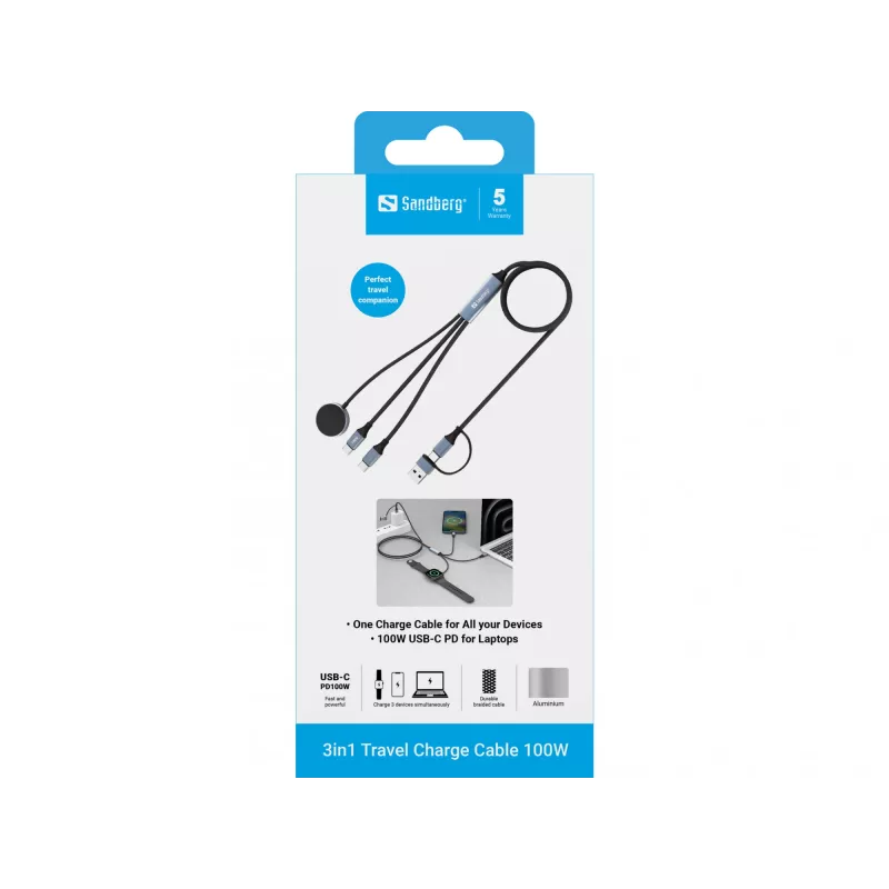„Sandberg“ 3 viename kelioninis įkrovimo laidas 100 W, 1,2 m, USB A/USB C, juodas
