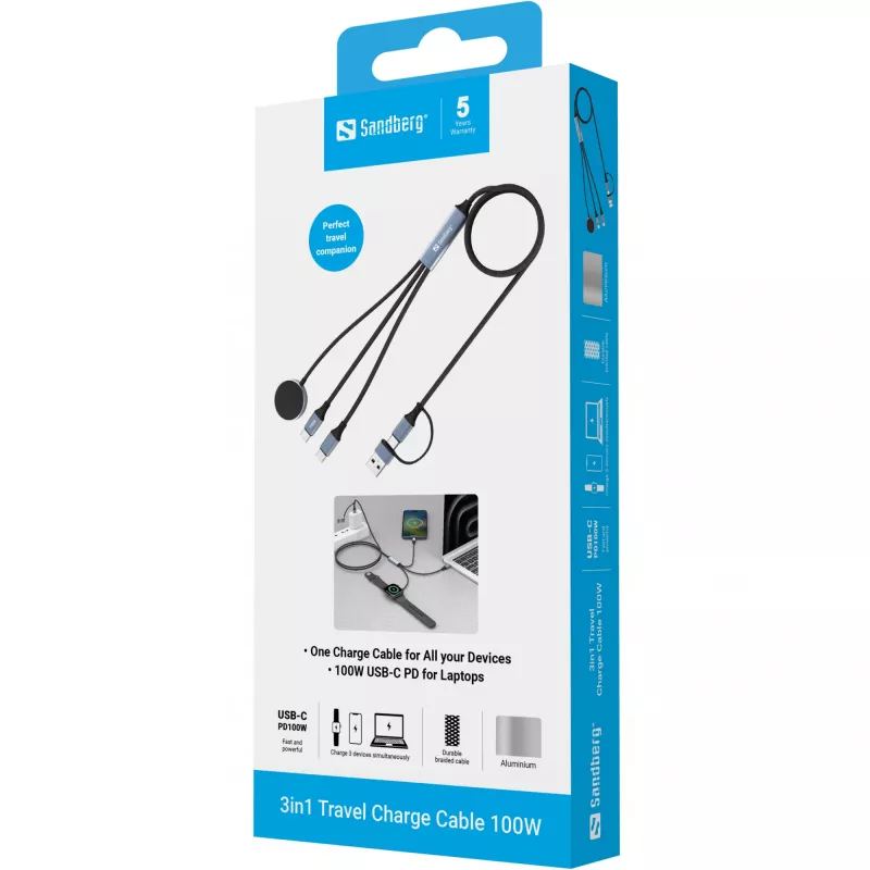 „Sandberg“ 3 viename kelioninis įkrovimo laidas 100 W, 1,2 m, USB A/USB C, juodas