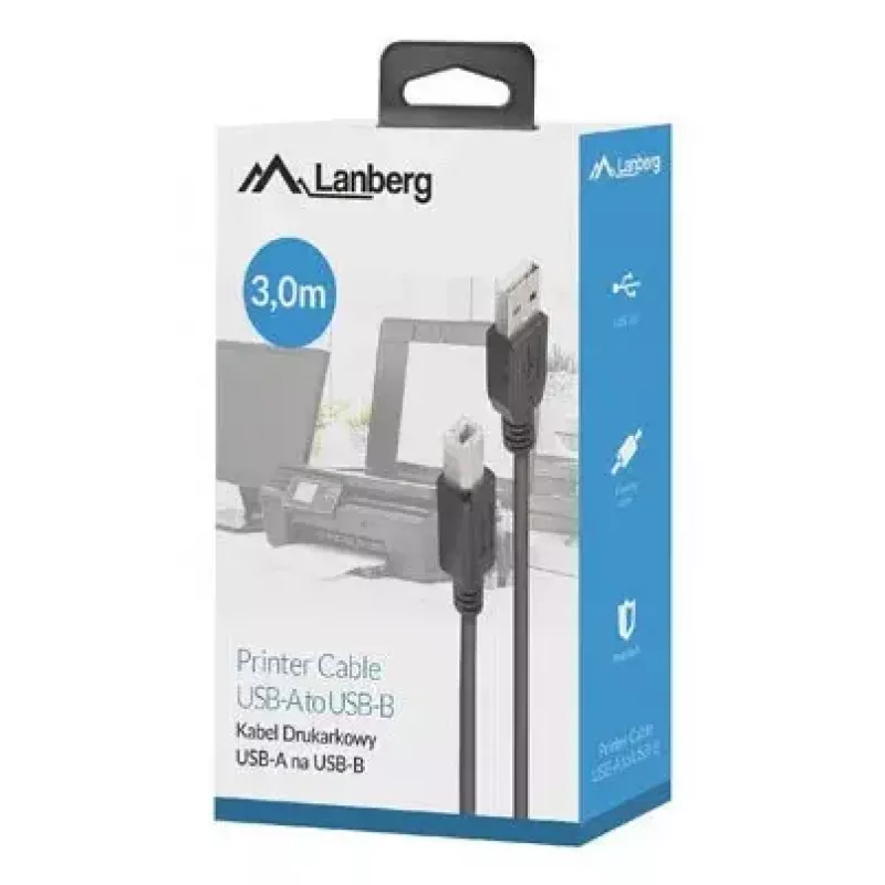 USB 2.0 kabelis LANBERG CA-USBA-15CU-0030-BK, USB A į USB B, 3 m, juodas