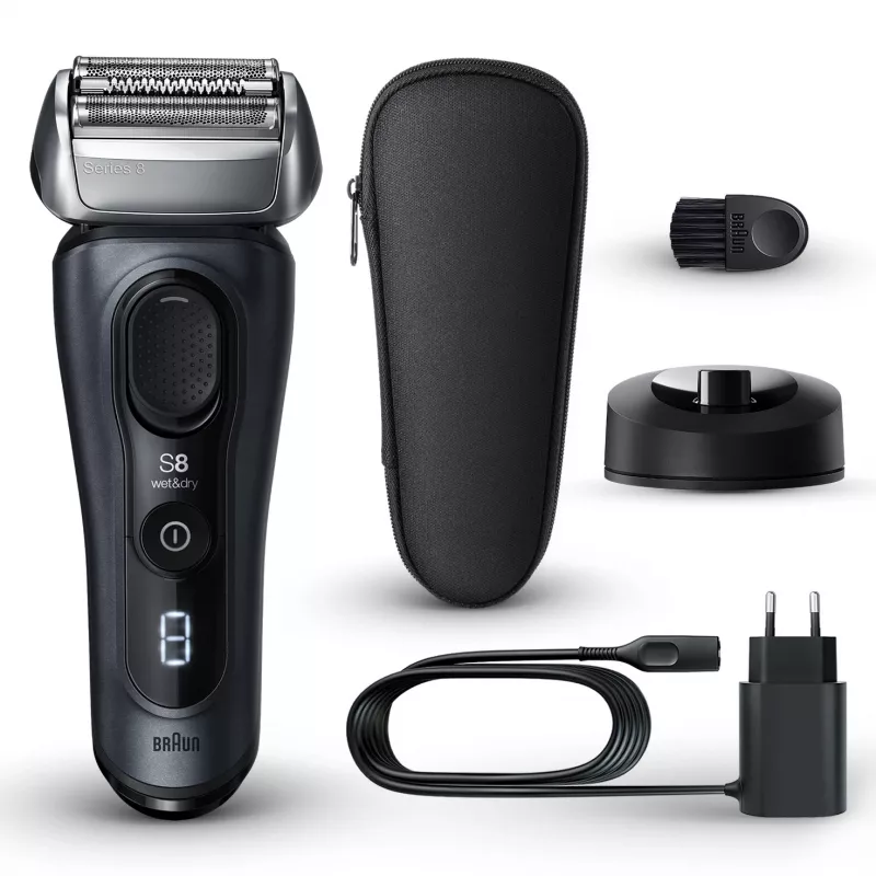 Braun Series 8 8513s šlapiam ir sausam skutimui skirtas barzdaskutė su įkrovimo stovu ir kelioniniu dėklu, fjordo pilkumo