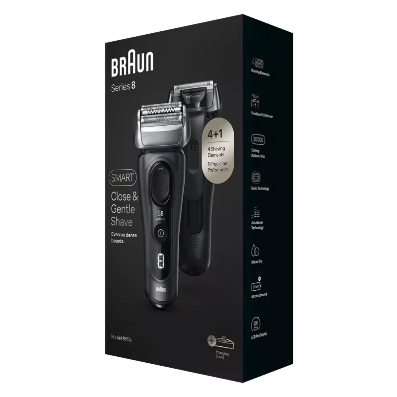 Braun Series 8 8513s šlapiam ir sausam skutimui skirtas barzdaskutė su įkrovimo stovu ir kelioniniu dėklu, fjordo pilkumo