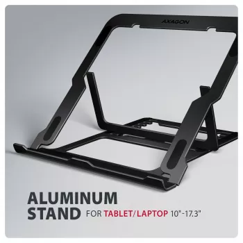 Axagon STND-LAB Aliumininis stovas nešiojamiesiems kompiuteriams, dydis 10 inch–17.3 inch. Aštuonios reguliuojamos aukščio ir kampo pozicijos. Juoda versija.