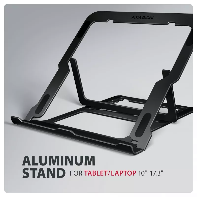 Axagon STND-LAB Aliumininis stovas nešiojamiesiems kompiuteriams, dydis 10 inch–17.3 inch. Aštuonios reguliuojamos aukščio ir kampo pozicijos. Juoda versija.
