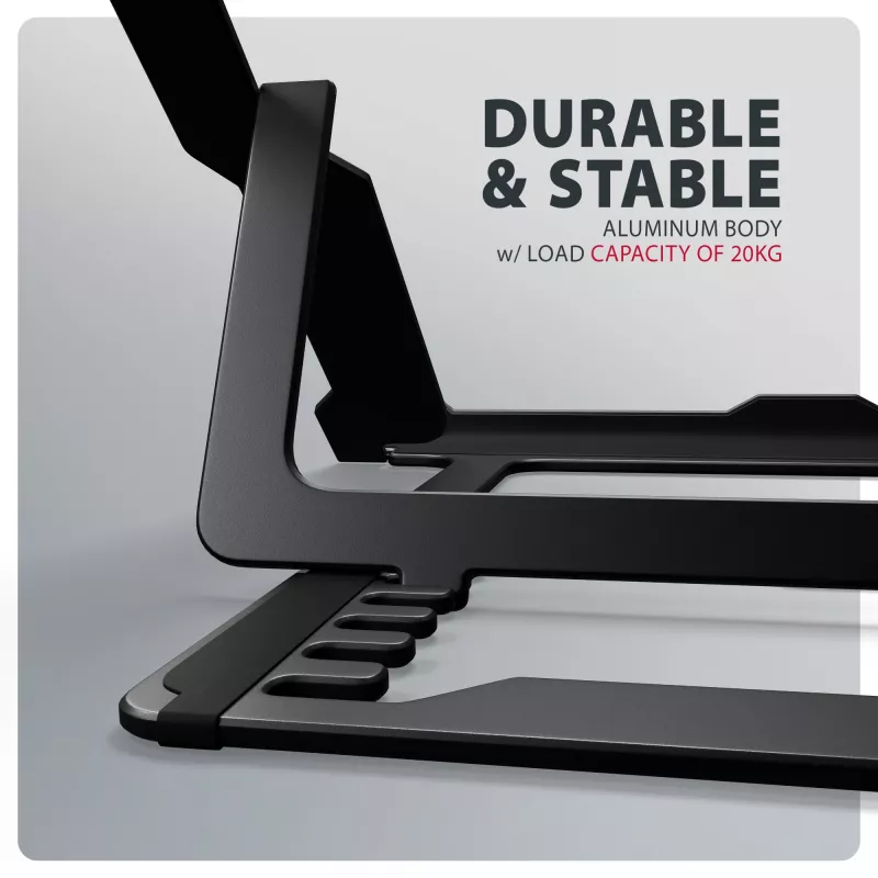 Axagon STND-LAB Aliumininis stovas nešiojamiesiems kompiuteriams, dydis 10 inch–17.3 inch. Aštuonios reguliuojamos aukščio ir kampo pozicijos. Juoda versija.