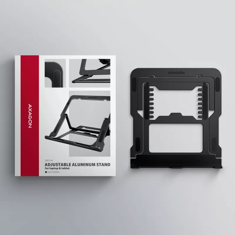 Axagon STND-LAB Aliumininis stovas nešiojamiesiems kompiuteriams, dydis 10 inch–17.3 inch. Aštuonios reguliuojamos aukščio ir kampo pozicijos. Juoda versija.