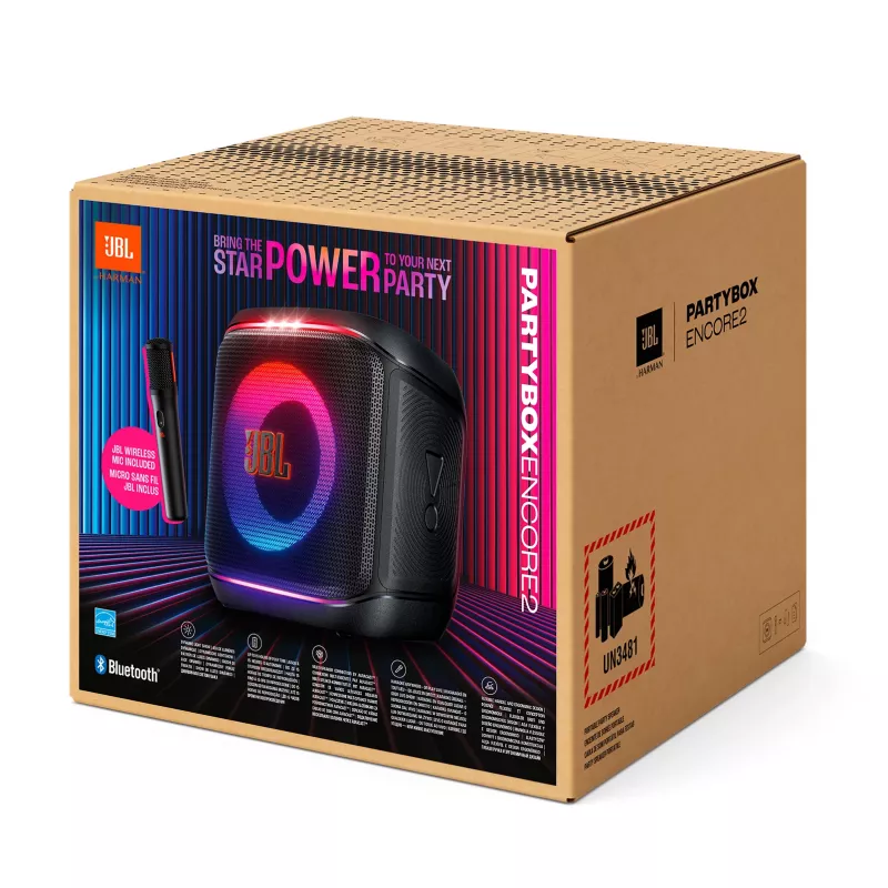 Mono nešiojamas garsiakalbis JBL Encore 2 Mono Juoda – 100 W, atsparus purslams, Bluetooth ir laidinis