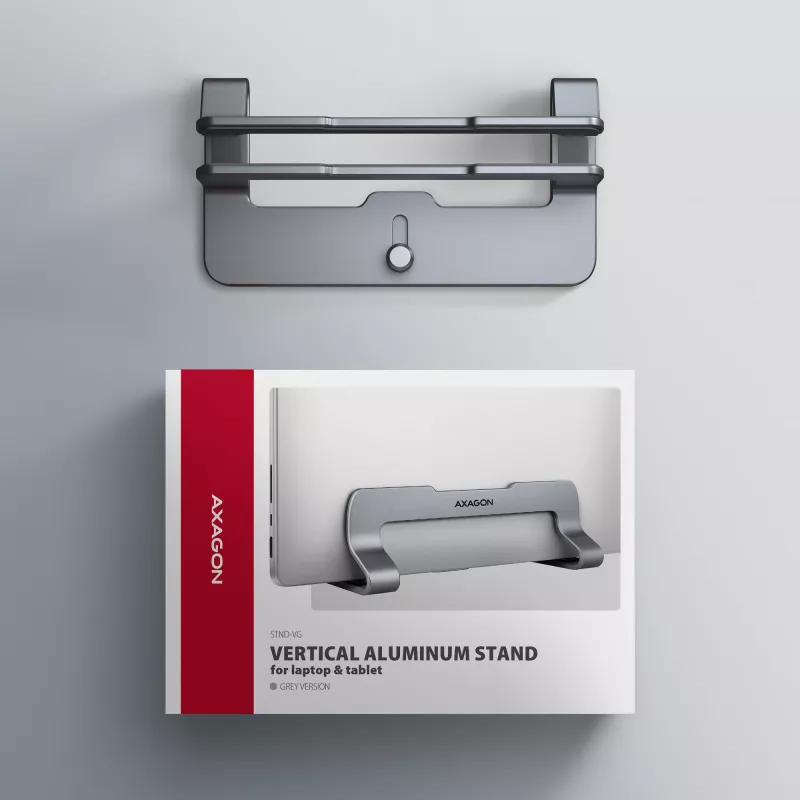 Axagon STND-VG aliumininis stovas vertikaliam nešiojamųjų kompiuterių įdėjimui 10 colių–17,3 colių. Reguliuojamas lizdo plotis 9,5–25,5 mm. Pilka versija.