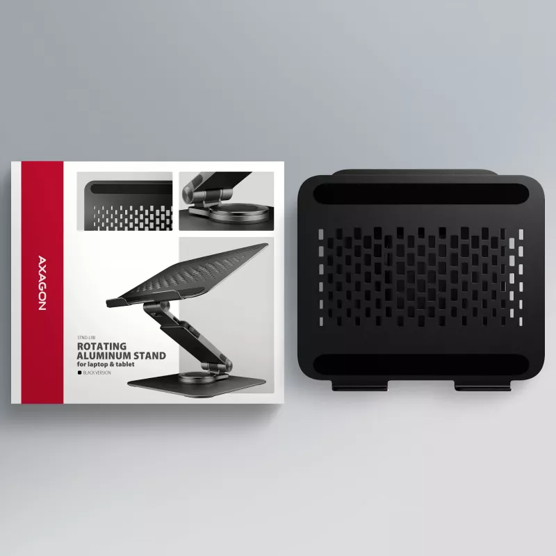 Nešiojamojo kompiuterio stovas AXAGON STND-LRB — aliuminis, 360° pasukimas, skirtas 10 colių–17,3 colių, reguliuojamas aukštis iki 26 cm, pokrypis 0–180°, juodas