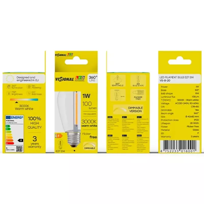 LED lemputė VISIONAL VS-B-20 1 W 100 lm 3000K, energijos klasė F
