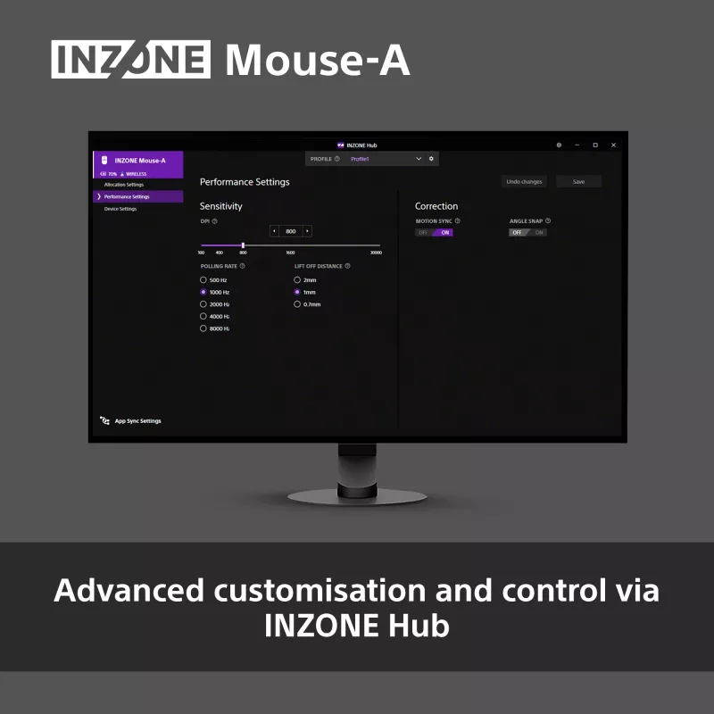 Belaidė žaidimų pelė Sony INZONE dešiniarankiams RF optinė 30000 DPI, 70G pagreitis, ratukas