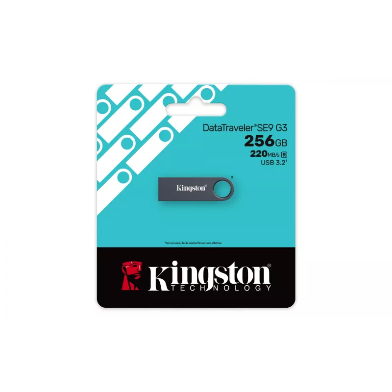 USB atmintinė KINGSTON DataTraveler SE9 G3 256 GB — USB Type-A, USB 3.2 Gen 1, skaitymo greitis 220 MB/s, rašymo greitis 100 MB/s, be dangtelio, tamsiai nikelio spalvos