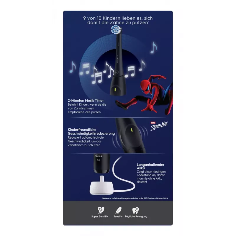 Oral-B iO Kids Spiderman vaikiškas rotacinis dantų šepetėlis juodas