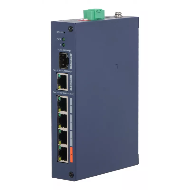 Valdomas pramoninis komutatorius DAHUA CHS4106-4ET-60 — 6 prievadų, 4x PoE 10/100, L2, 4,8 Gbit/s, 8000 MAC