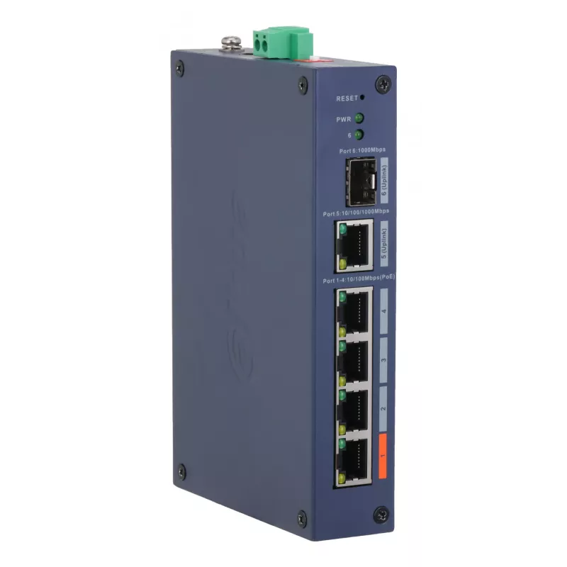 Valdomas pramoninis komutatorius DAHUA CHS4106-4ET-60 — 6 prievadų, 4x PoE 10/100, L2, 4,8 Gbit/s, 8000 MAC